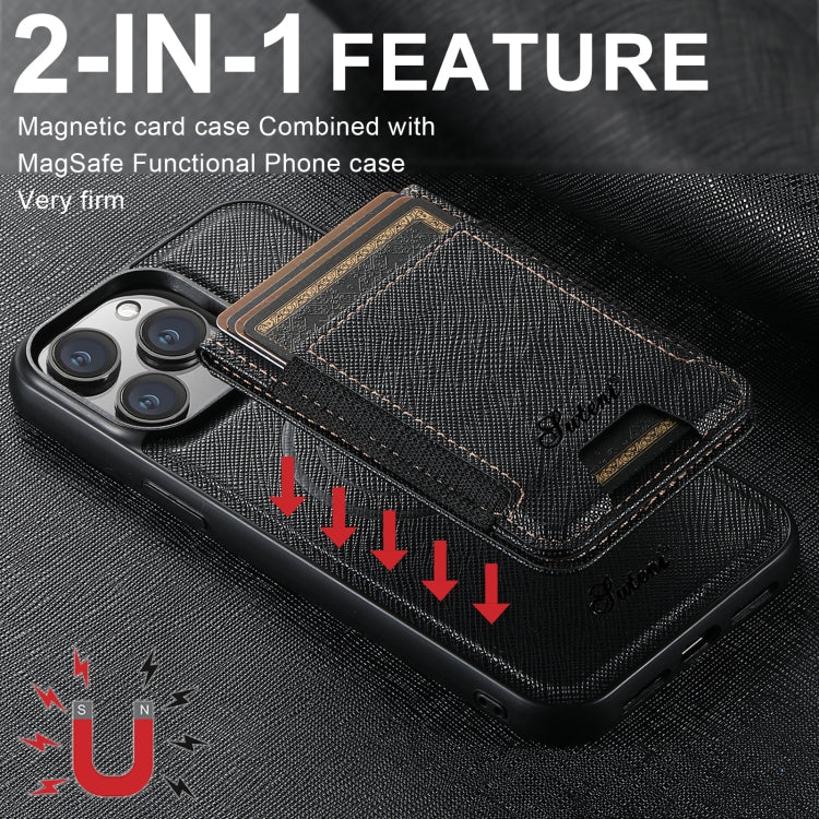 For iPhone 12 Pro Max Suteni H17 Cross Grain Leather MagSafe Detachable Wallet Phone Case(Black)