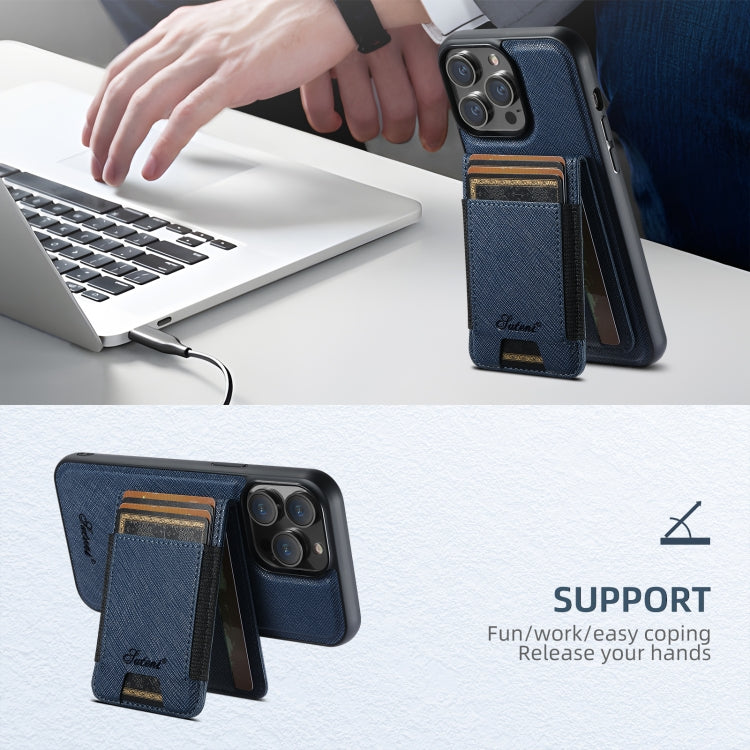For iPhone 12 Pro Max Suteni H17 Cross Grain Leather MagSafe Detachable Wallet Phone Case(Blue)