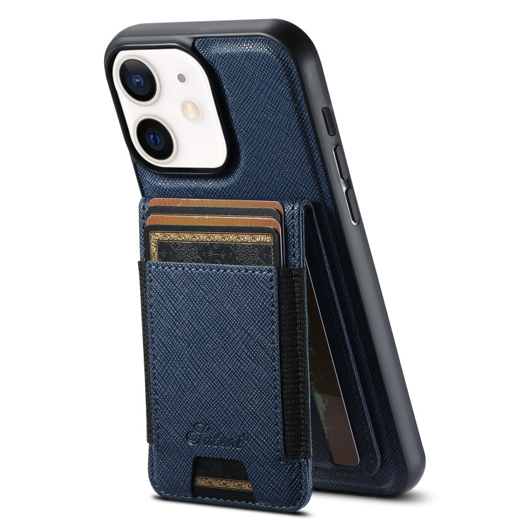 For iPhone 12 Suteni H17 Cross Grain Leather MagSafe Detachable Wallet Phone Case(Blue)