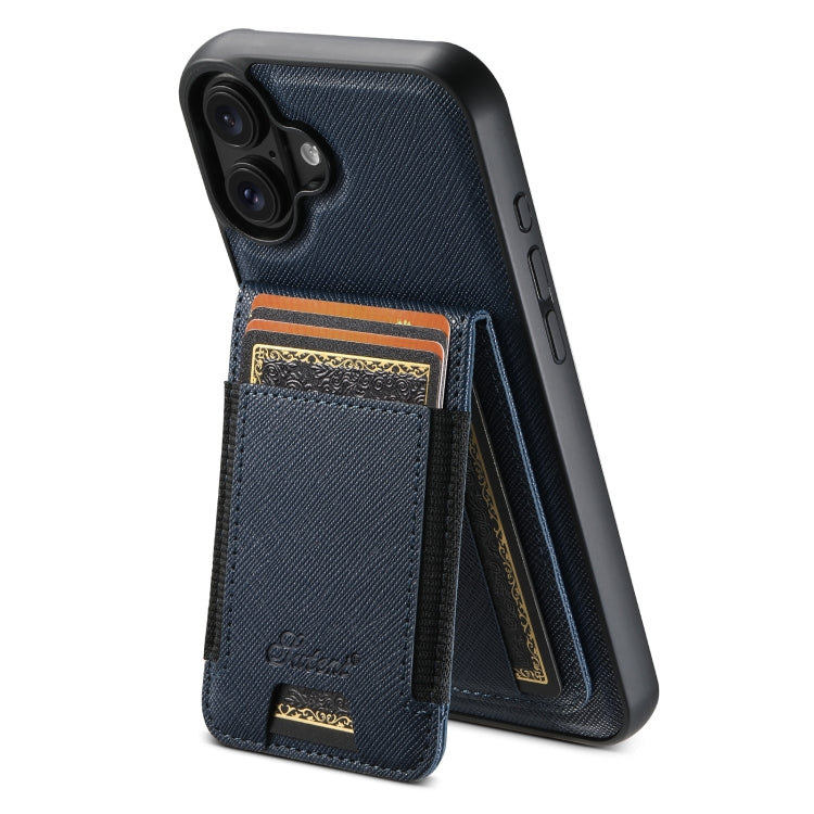For iPhone 16 Plus Suteni H17 Cross Grain Leather MagSafe Detachable Wallet Phone Case(Blue)