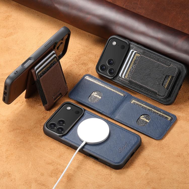 For iPhone 15 Plus Suteni H17 Cross Grain Leather MagSafe Detachable Wallet Phone Case(Black)