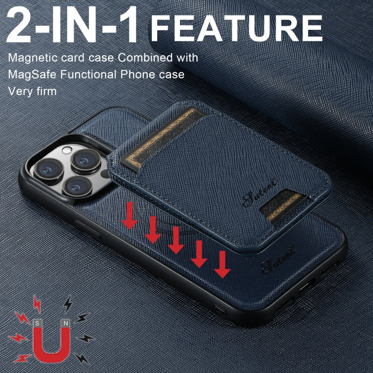 For iPhone 16 Pro Max Suteni H18 Cross Grain MagSafe Wallet Leather Phone Case(Blue)