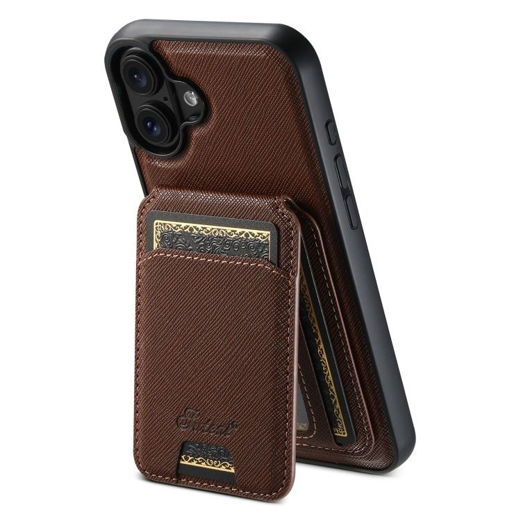 For iPhone 16 Plus Suteni H18 Cross Grain MagSafe Wallet Leather Phone Case(Brown)