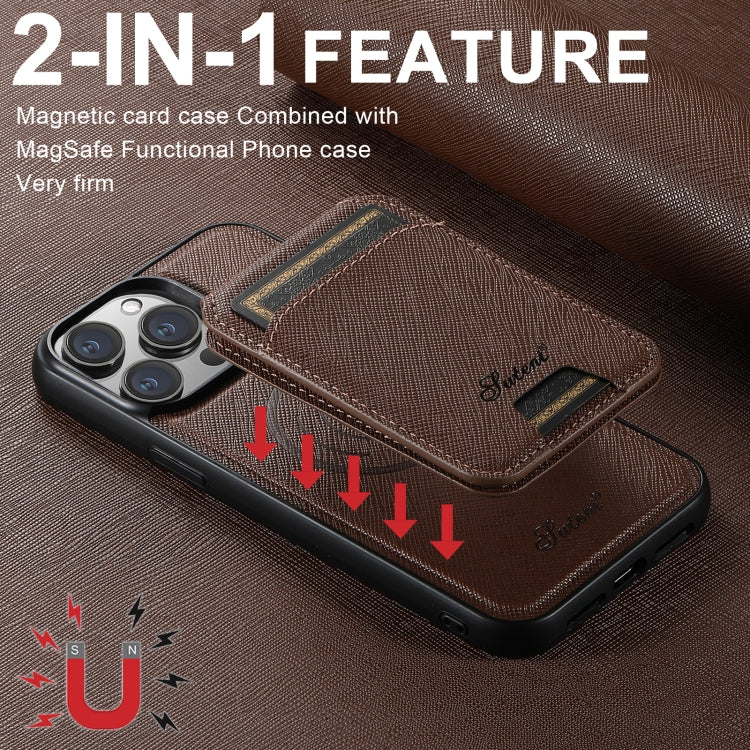For iPhone 16 Pro Suteni H18 Cross Grain MagSafe Wallet Leather Phone Case(Brown)