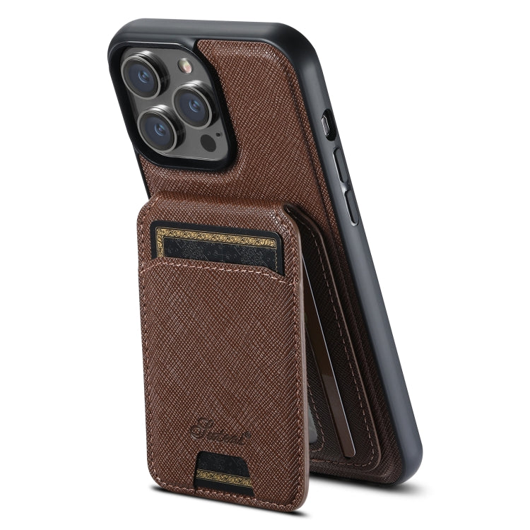 For iPhone 16 Pro Suteni H18 Cross Grain MagSafe Wallet Leather Phone Case(Brown)
