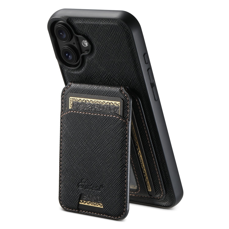 For iPhone 16 Suteni H18 Cross Grain MagSafe Wallet Leather Phone Case(Black)