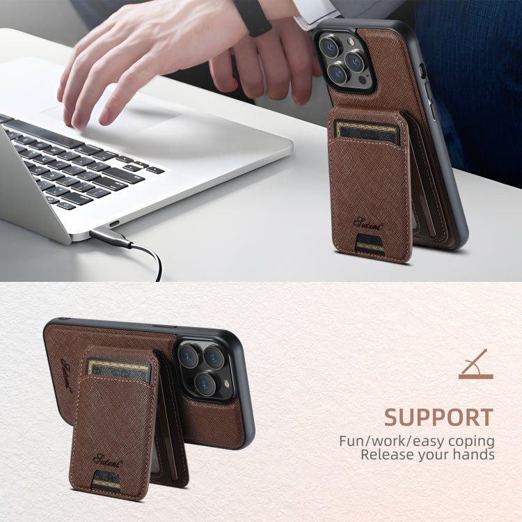 For iPhone 16 Suteni H18 Cross Grain MagSafe Wallet Leather Phone Case(Brown)