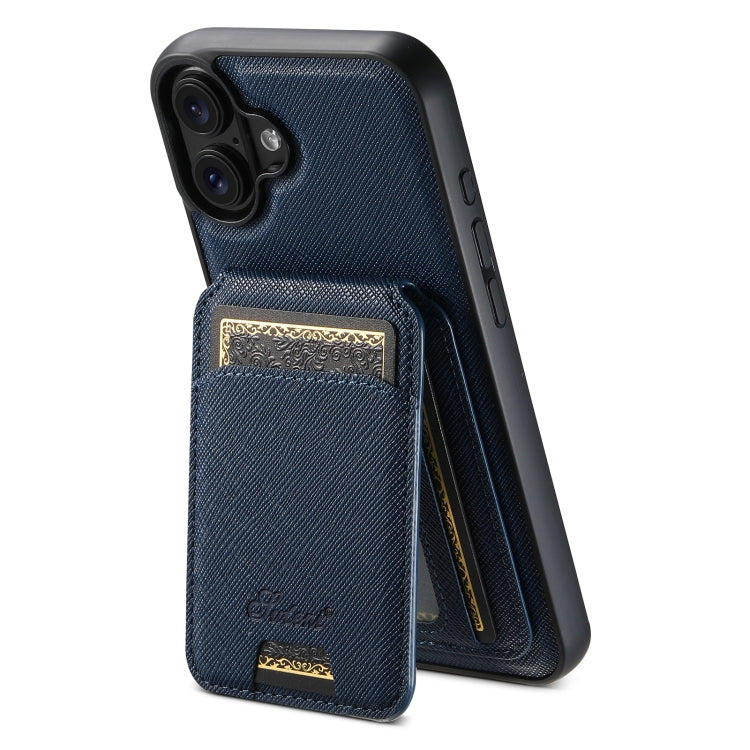 For iPhone 16 Suteni H18 Cross Grain MagSafe Wallet Leather Phone Case(Blue)
