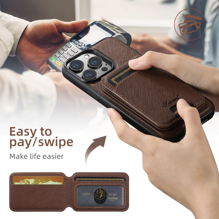 For iPhone 15 Pro Max Suteni H18 Cross Grain MagSafe Wallet Leather Phone Case(Brown)