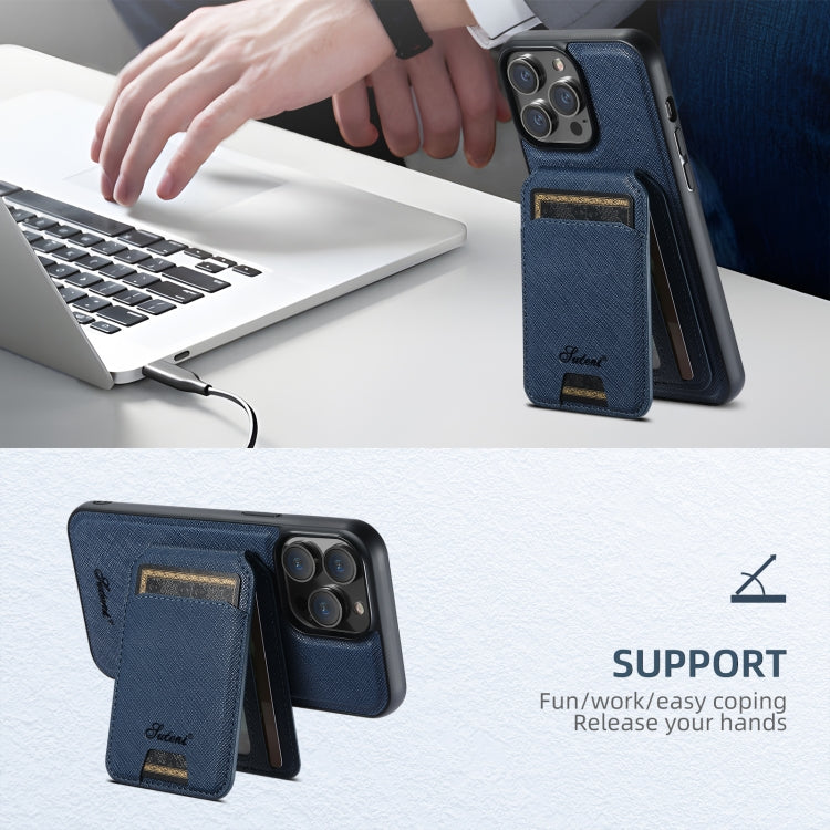 For iPhone 15 Pro Suteni H18 Cross Grain MagSafe Wallet Leather Phone Case(Blue)
