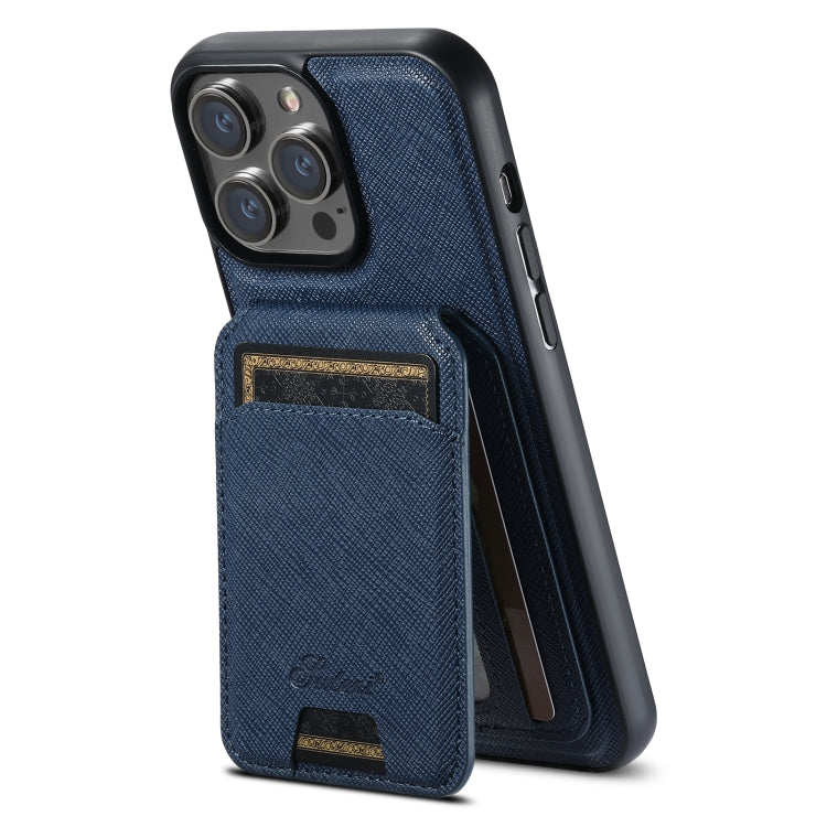 For iPhone 14 Pro Max Suteni H18 Cross Grain MagSafe Wallet Leather Phone Case(Blue)