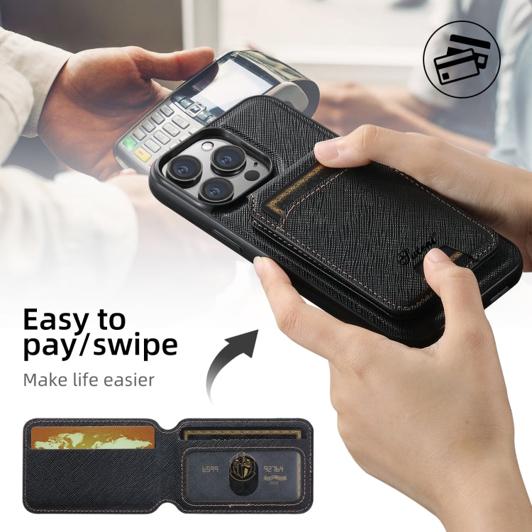 For iPhone 14 Suteni H18 Cross Grain MagSafe Wallet Leather Phone Case(Black)