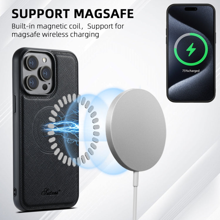 For iPhone 14 Suteni H18 Cross Grain MagSafe Wallet Leather Phone Case(Black)