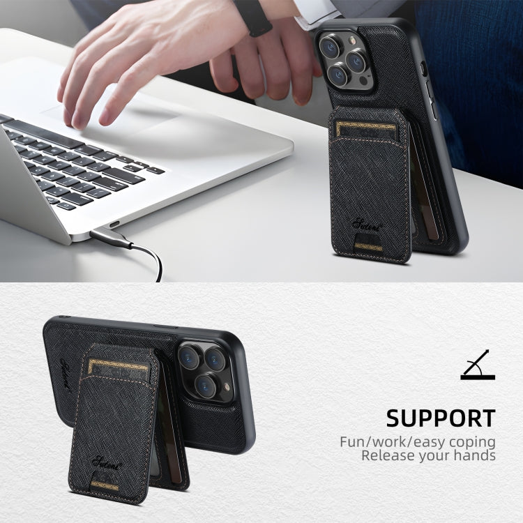 For iPhone 13 Suteni H18 Cross Grain MagSafe Wallet Leather Phone Case(Black)