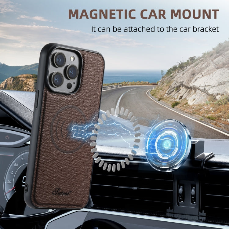 For iPhone 12 Suteni H18 Cross Grain MagSafe Wallet Leather Phone Case(Brown)