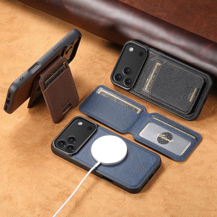For iPhone 12 Suteni H18 Cross Grain MagSafe Wallet Leather Phone Case(Blue)