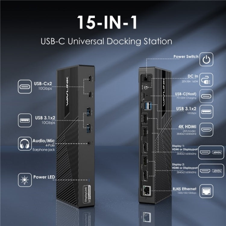 WAVLINK UG69PD25 Pro 100W PD Charging Triple 4K Display Laptop Docking Station, Plug:EU Plug