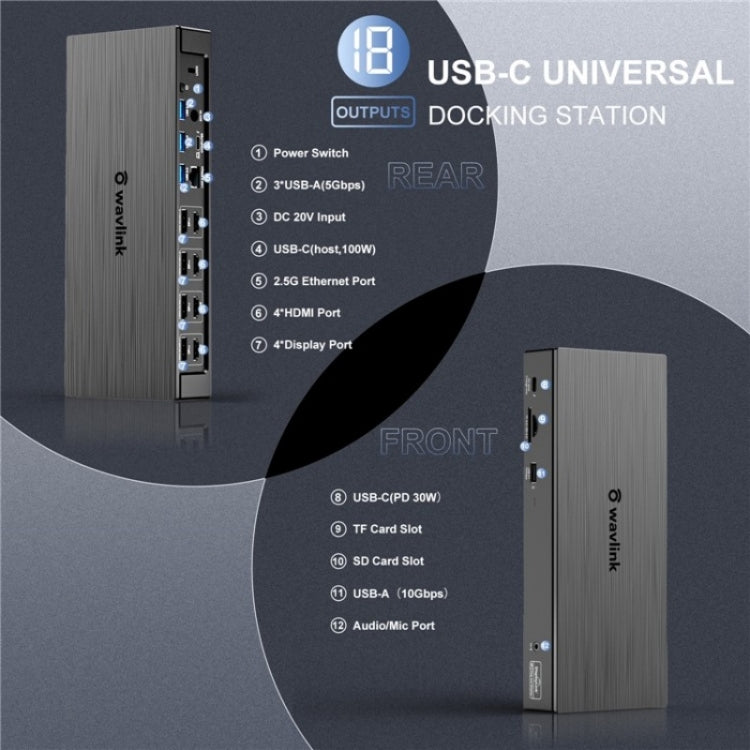 WAVLINK UG69PD8 Pro 18-in-1 DP / HD 5K Quadruple Display USB C Universal Docking Station, Plug:AU Plug