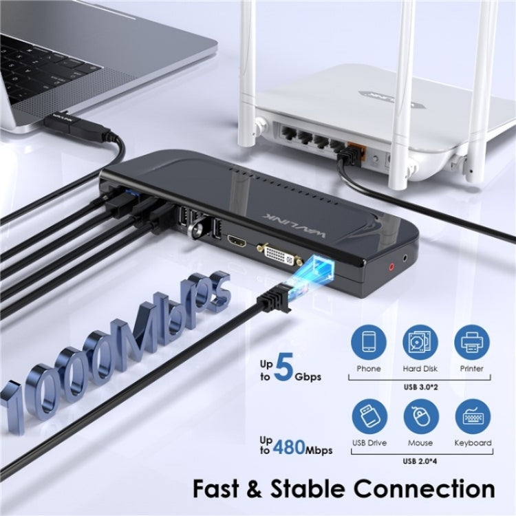 WAVLINK UG49DK4 Universal Laptop Docking Station Dual Monitor Supports DVI / HDMI / VGA(EU Plug)