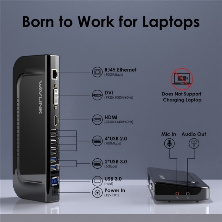 WAVLINK UG49DK4 Universal Laptop Docking Station Dual Monitor Supports DVI / HDMI / VGA(EU Plug)