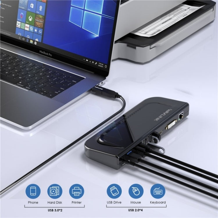 WAVLINK UG49DK4 Universal Laptop Docking Station Dual Monitor Supports DVI / HDMI / VGA(US Plug)