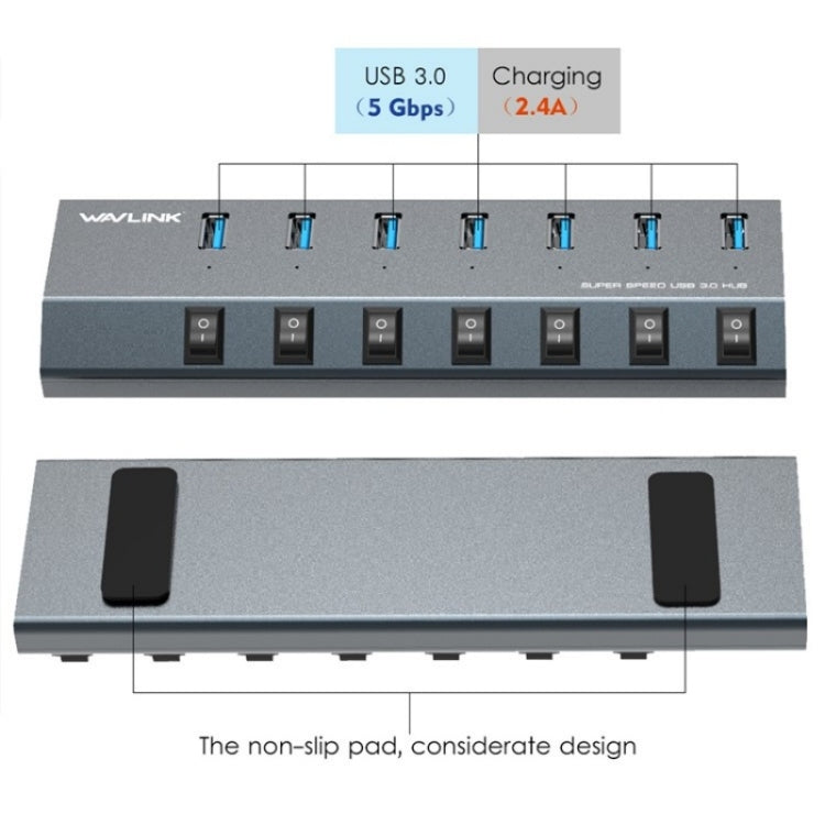 WAVLINK UH3076 5Gbps 7-port USB 3.0 Hub with Independent Switch and LED Indicator(US Plug)