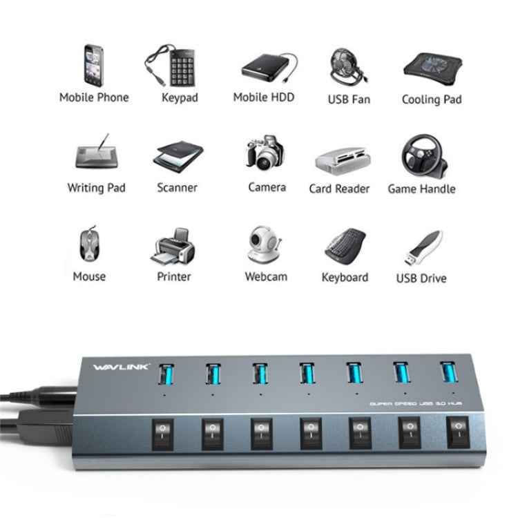WAVLINK UH3076 5Gbps 7-port USB 3.0 Hub with Independent Switch and LED Indicator(AU Plug)
