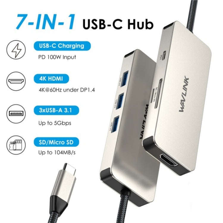 WAVLINK UHP3416 7-in-1 PD100W Charging SD / TF Card Reader 4K HD Type-C Docking Station(Dark Grey)