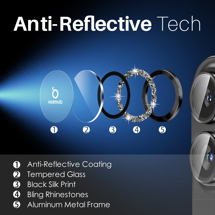 For iPhone 16 / 16 Plus NORTHJO Glitter Camera Lens Protector Tempered Glass Metal Ring Film(Black)