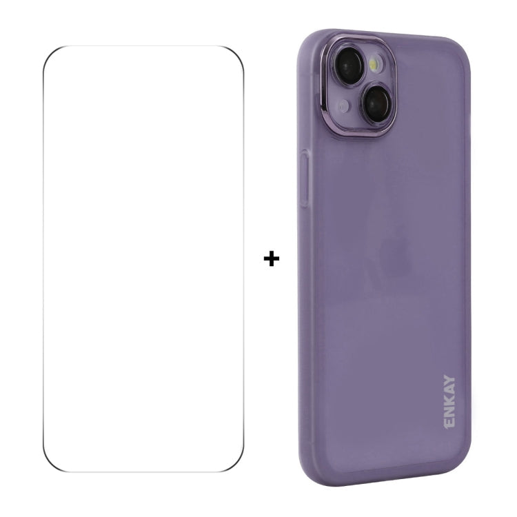 For iPhone 15 Plus ENKAY Hat-Prince Translucent Matte TPU Phone Case with Lens Film + 9H Big Arc Edge Film(White)