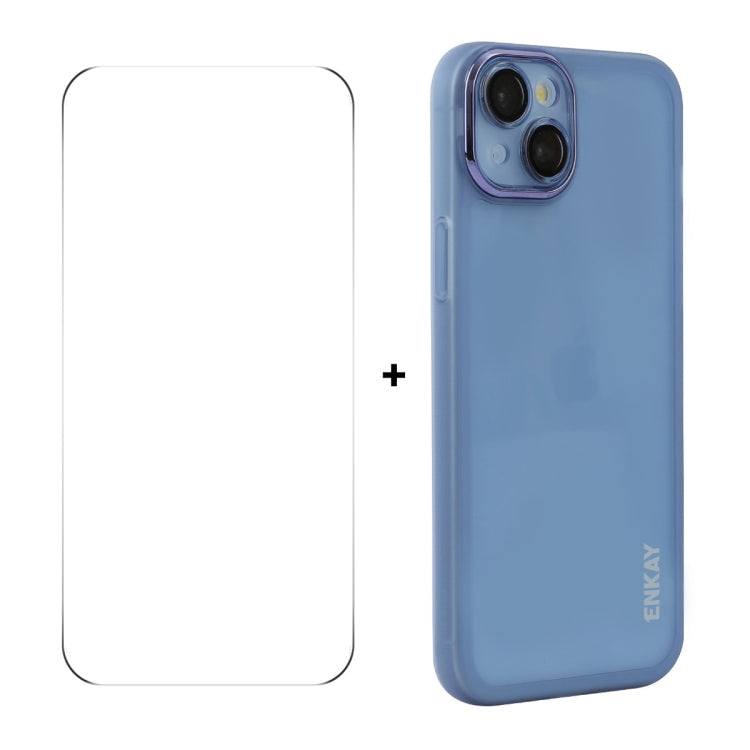 For iPhone 14 ENKAY Hat-Prince Translucent Matte TPU Phone Case with Lens Film + 9H Big Arc Edge Film(Blue)