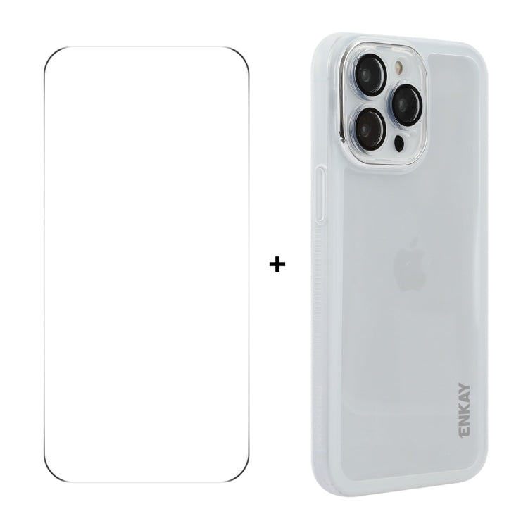 For iPhone 14 Pro Max ENKAY Hat-Prince Translucent Matte TPU Phone Case with Lens Film + 9H Big Arc Edge Film(White)