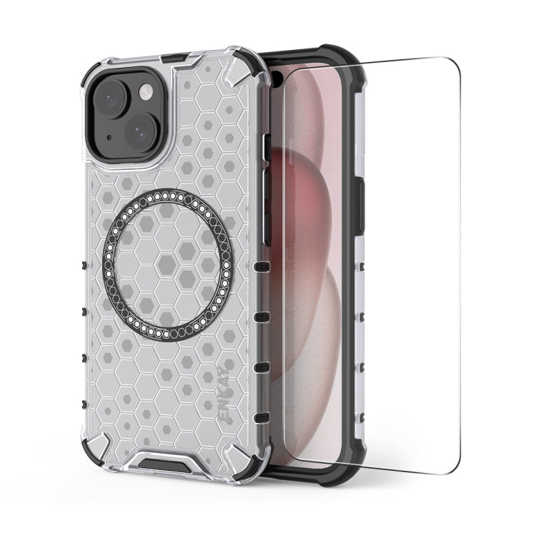 For iPhone 15 Plus ENKAY Hat-Prince Honeycomb MagSafe Shockproof Phone Case with Large Arc Edge Film(White)