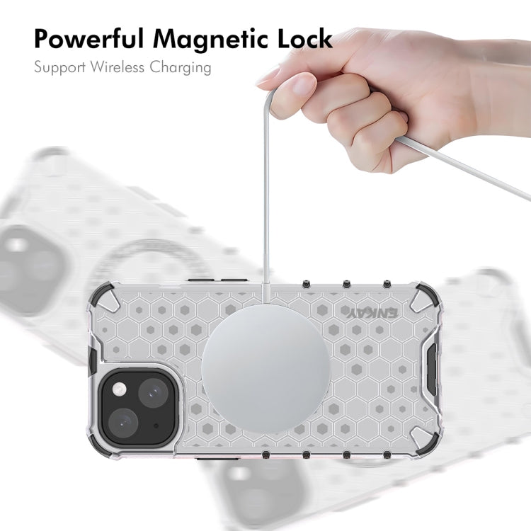 For iPhone 15 Plus ENKAY Hat-Prince Honeycomb MagSafe Shockproof Phone Case with Large Arc Edge Film(Blue)