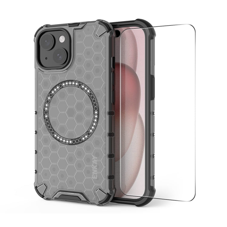 For iPhone 14 ENKAY Hat-Prince Honeycomb MagSafe Shockproof Phone Case with Large Arc Edge Film(Grey)