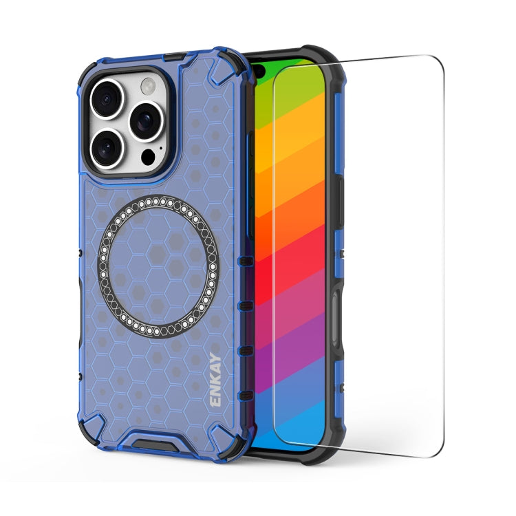 For iPhone 14 Pro Max ENKAY Hat-Prince Honeycomb MagSafe Shockproof Phone Case with Large Arc Edge Film(Blue)
