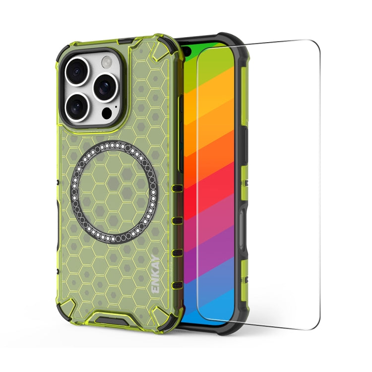 For iPhone 14 Pro Max ENKAY Hat-Prince Honeycomb MagSafe Shockproof Phone Case with Large Arc Edge Film(Green)