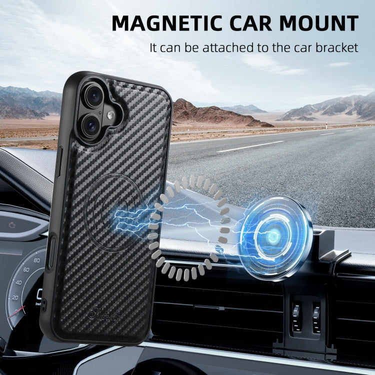 For iPhone 16 Plus Suteni TXWH18 Carbon Fiber Texture Detachable Wallet MagSafe Phone Case(Black)