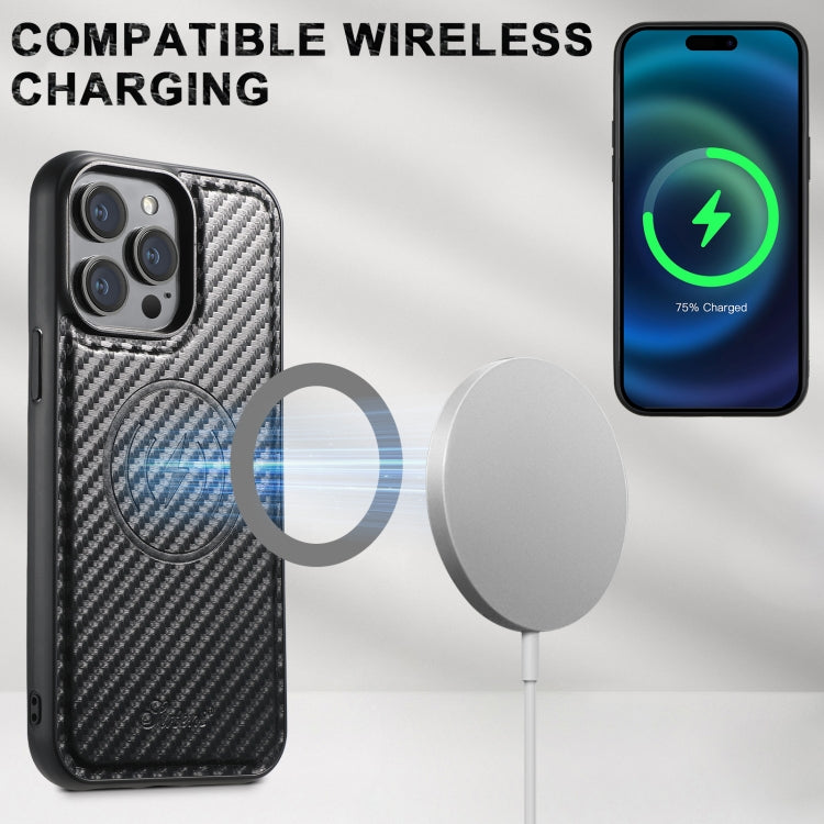 For iPhone 16 Plus Suteni TXWH18 Carbon Fiber Texture Detachable Wallet MagSafe Phone Case(Black)