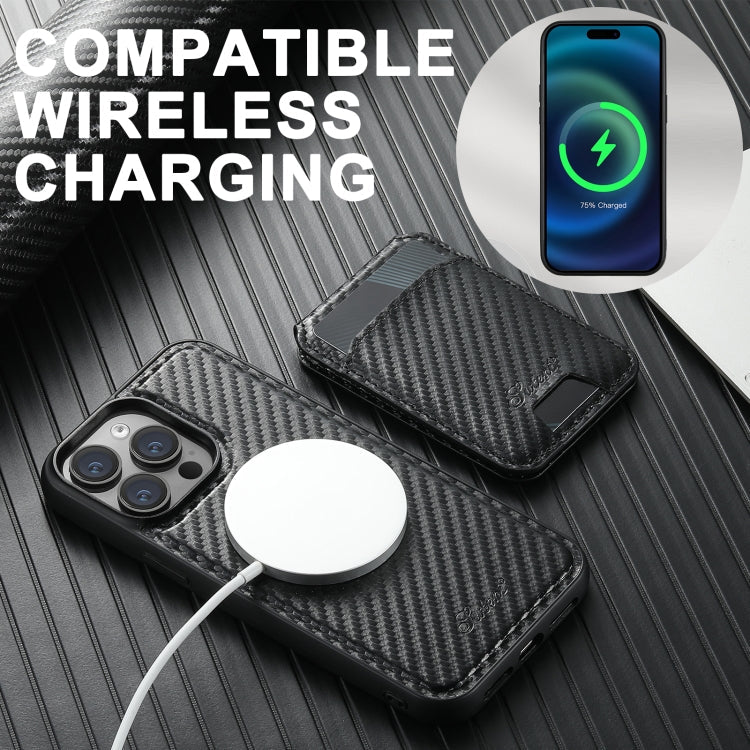 For iPhone 15 Pro Max Suteni TXWH18 Carbon Fiber Texture Detachable Wallet MagSafe Phone Case(Black)