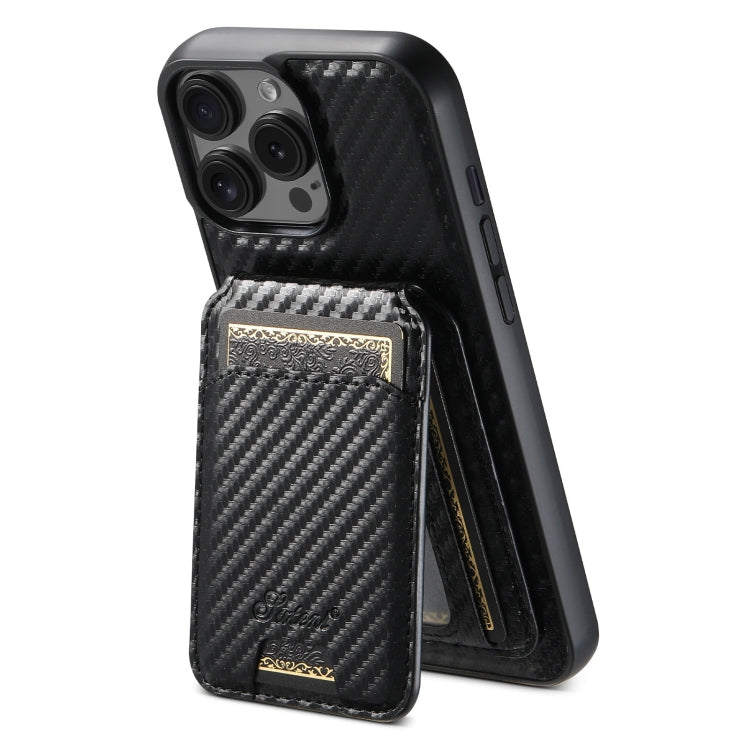 For iPhone 14 Pro Max Suteni TXWH18 Carbon Fiber Texture Detachable Wallet MagSafe Phone Case(Black)