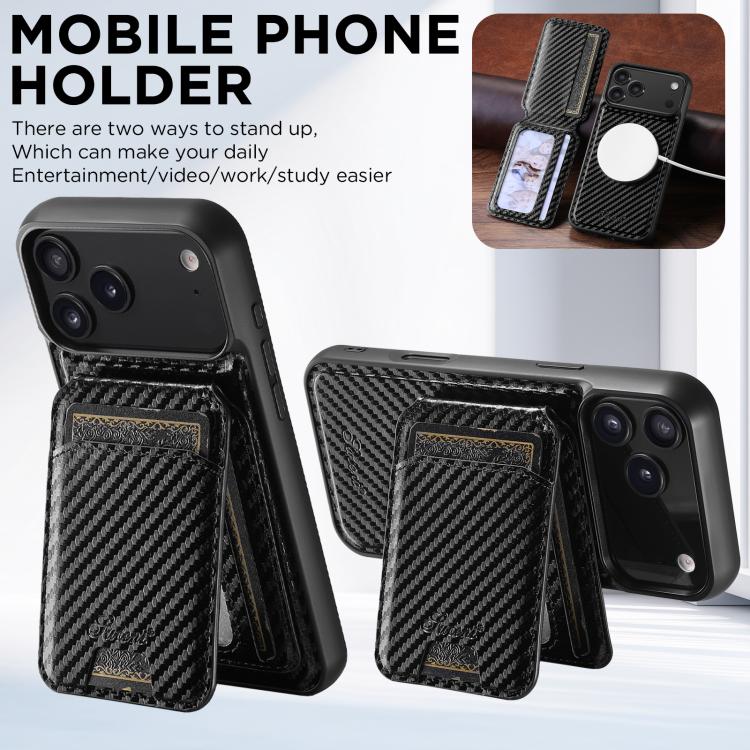 For iPhone 16 Plus Suteni TXWH18 Carbon Fiber Texture Detachable Wallet MagSafe Phone Case(Black)
