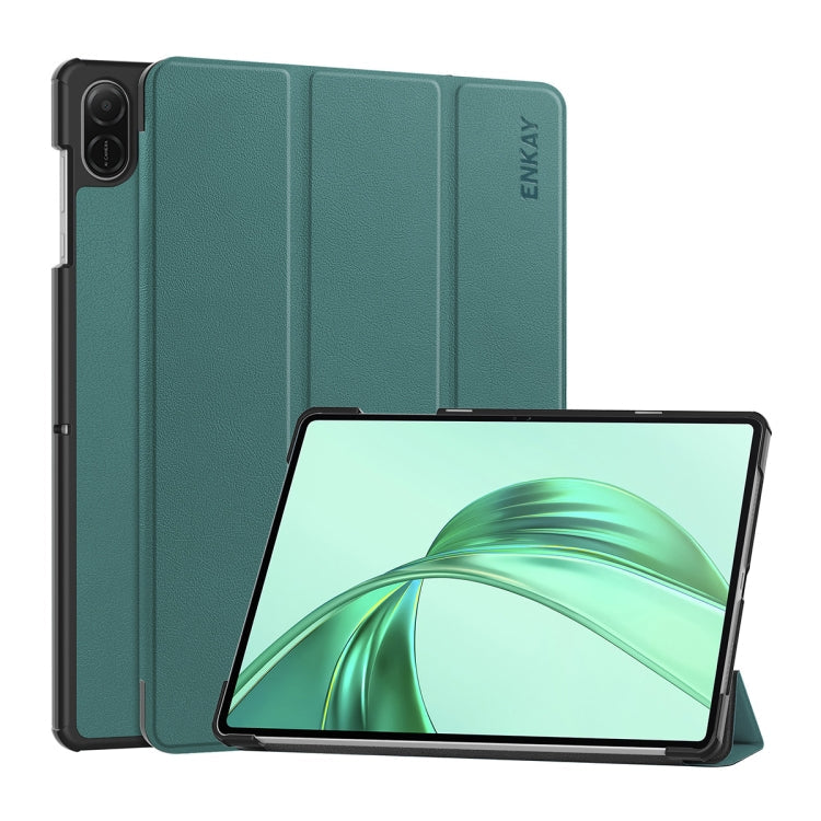 For Honor Pad X8a 11 ENKAY Tri-fold Custer Texture Leather Stand Tablet Case(Dark Green)