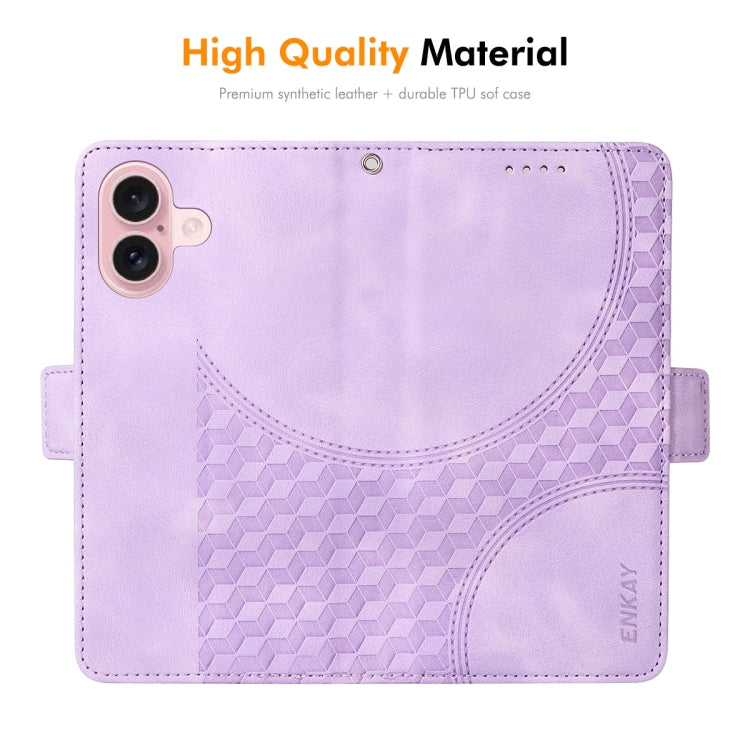 For iPhone 16 ENKAY Embossed Rhombus Starry Leather Phone Case with Screen Film(Brown)