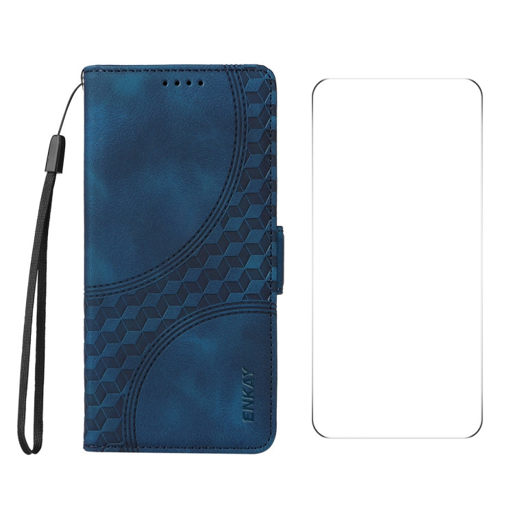 For iPhone 16 Pro ENKAY Embossed Rhombus Starry Leather Phone Case with Screen Film(Blue)