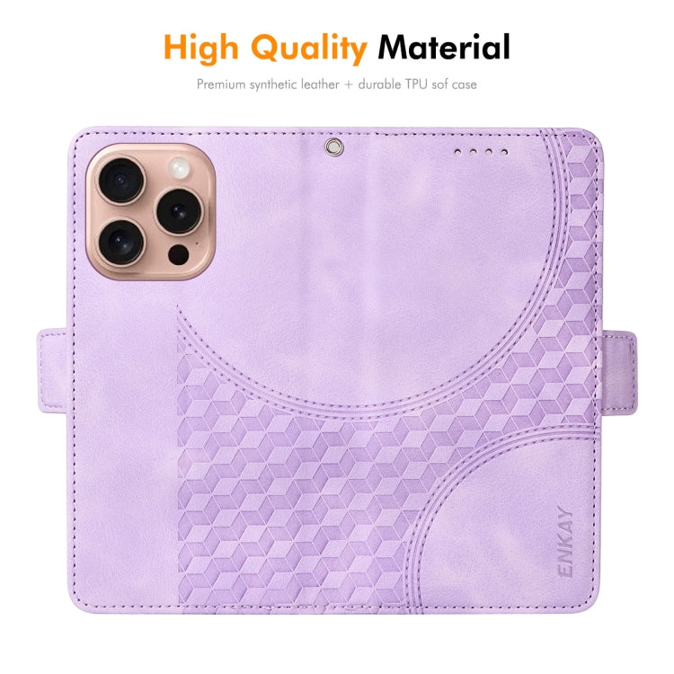 For iPhone 16 Pro Max ENKAY Embossed Rhombus Starry Leather Phone Case with Screen Film(Purple)