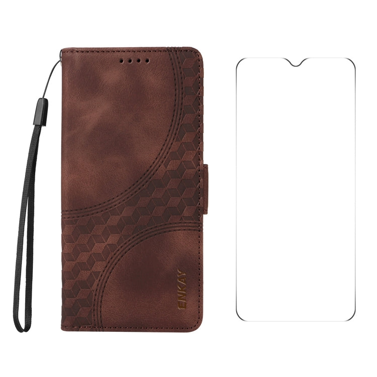 For Samsung Galaxy A26 / A16 4G / 5G ENKAY Embossed Rhombus Starry Leather Phone Case with Screen Film(Brown)