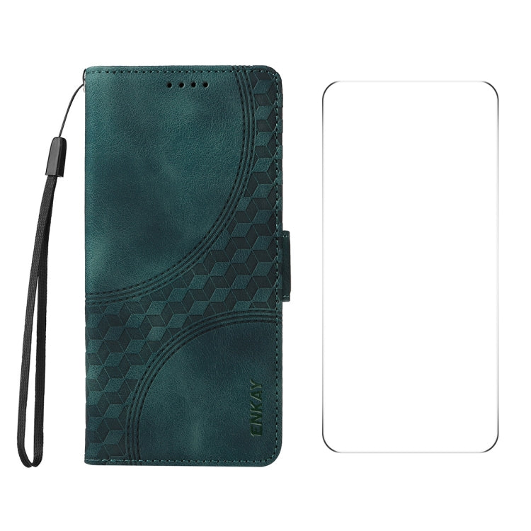 For Google Pixel 9 Pro XL ENKAY Embossed Rhombus Starry Leather Phone Case with Screen Film(Green)