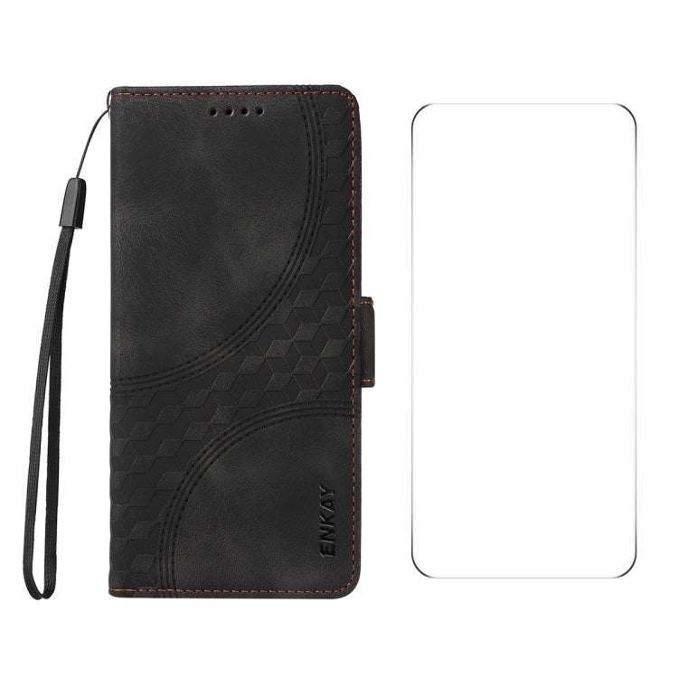 For OnePlus Nord CE4 ENKAY Embossed Rhombus Starry Leather Phone Case with Screen Film(Black)