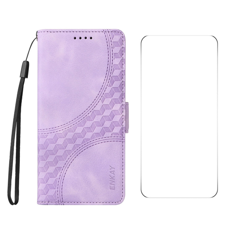 For Xiaomi 14T Pro ENKAY Embossed Rhombus Starry Leather Phone Case with Screen Film(Purple)